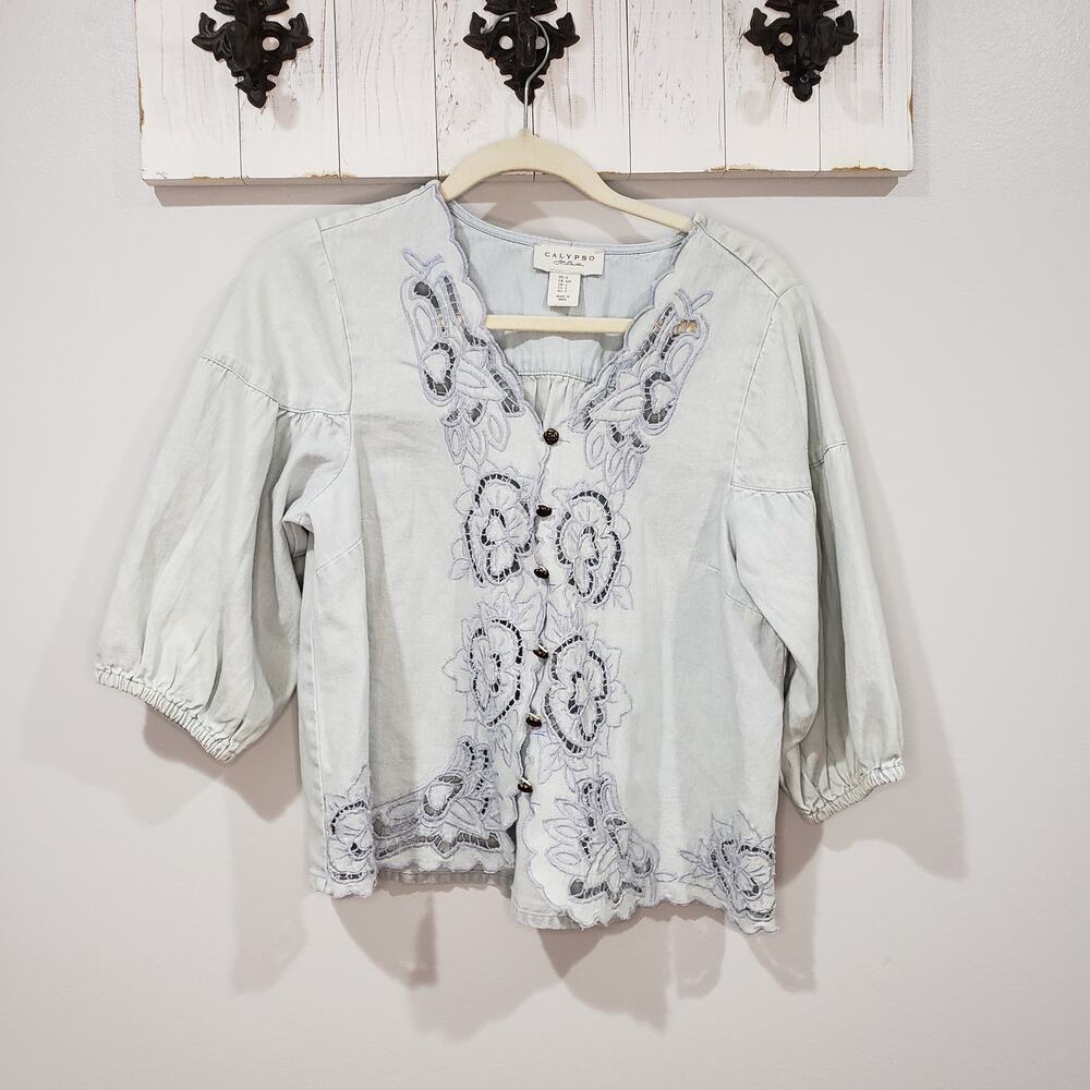 Calypso St. Barth Embroidered Denim Boho Blouse S